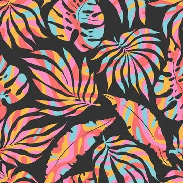 Vector illustration of groovy abstract monstera and palm leaves seamless pa.. Illustrazione stock