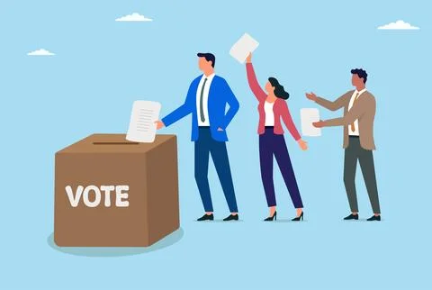 Vector illustration of group of people voting with ballot papers in large box Stock Illustration