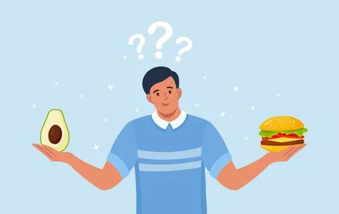 Vector illustration of a guy thinking of a choice between eating an avocado or a Stock Illustration