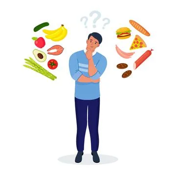 Vector illustration of a guy thinking of a choice to eat healthy or junk food Stock Illustration