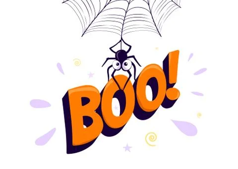 Vector illustration of halloween boo. Spider hanging from web and holding sign Stock Illustration