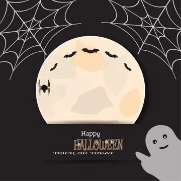 Vector illustration of Halloween greeting poster with moon, spider, net, floc Stock Illustration