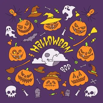 Vector illustration, halloween party elements. Set of icons in cartoon style. Stock Illustration