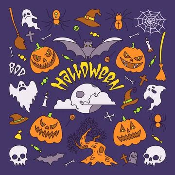 Vector illustration, halloween party elements. Set of icons in cartoon style. Stock Illustration