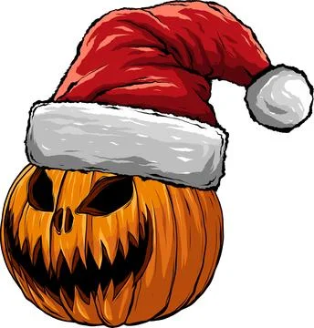 Vector illustration of Halloween pumpkin face in santa claus hat. Stock Illustration