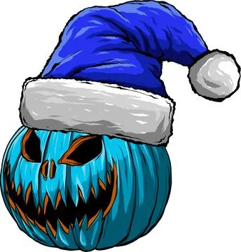Vector illustration of Halloween pumpkin face in santa claus hat. Stock Illustration