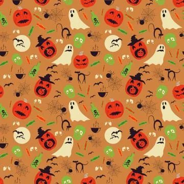 Vector illustration of Halloween seamless pattern with spooky elements. 스톡 일러스트
