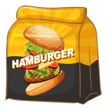 Vector Illustration of a Hamburger Paper Bag with Deconstructed Burger Graphi Stock Illustration