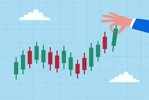 Vector illustration of a hand adding a green candlestick bar on stock market Illustrazione stock