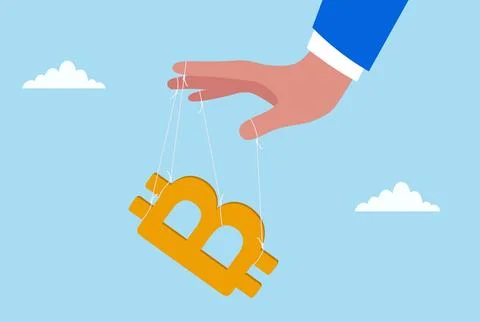 Vector illustration of a hand controlling a bitcoin symbol like a puppet Stock Illustration