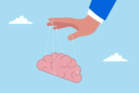 Vector illustration of a hand controlling a brain with strings like a puppet Stock Illustration