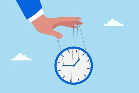 Vector illustration of a hand controlling a clock with strings like a puppet Stock Illustration