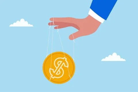 Vector illustration of a hand controlling a gold coin like a puppet Stock Illustration