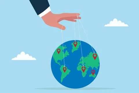 Vector illustration of a hand controlling a location pin on Earth with string Stock Illustration