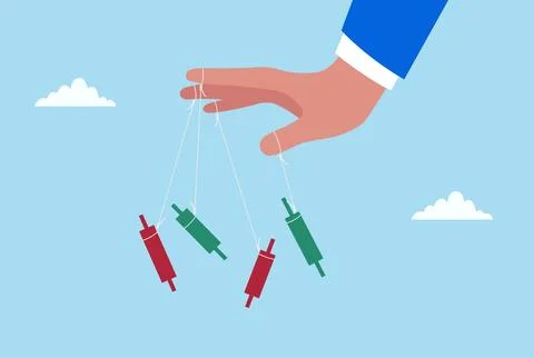 Vector illustration of a hand controlling red and green candlestick charts Stock Illustration
