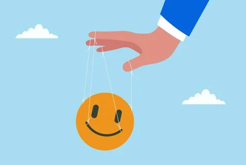 Vector illustration of a hand controlling a smiling face emoji with strings Stock Illustration