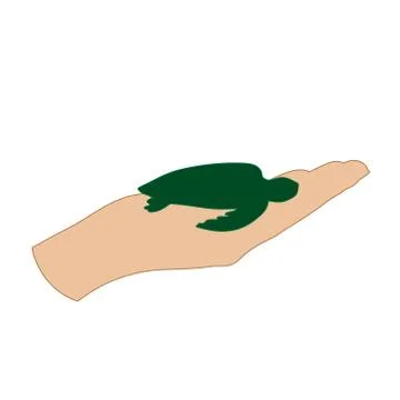 Vector illustration of a hand in a defensive gesture protecting a turtle. Sym Illustrazione stock