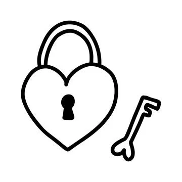 Vector illustration of hand drawing doodle heart shape padlock with key. Black Stock Illustration