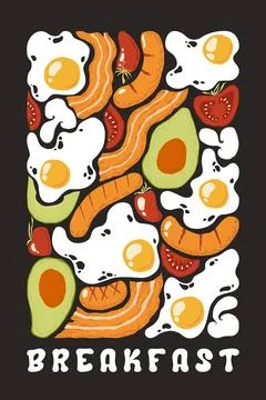 Vector illustration with hand drawn abstract fried eggs, bacon, sausages, t.. Stock Illustration
