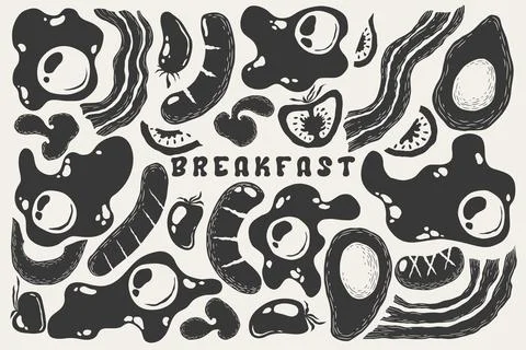 Vector illustration with hand drawn abstract fried eggs, bacon, sausages, t.. Stock Illustration