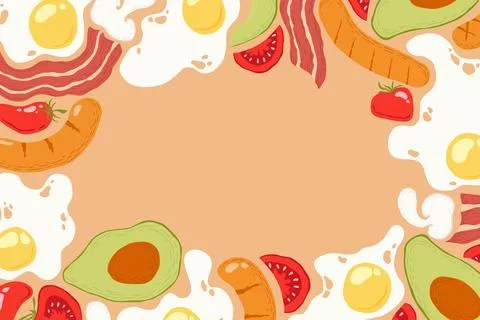 Vector illustration with hand drawn abstract fried eggs, bacon, sausages, t.. Stock Illustration