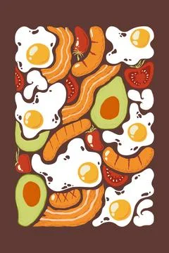 Vector illustration with hand drawn abstract fried eggs, bacon, sausages, t.. Stock Illustration
