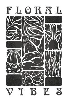 Vector illustration with hand drawn abstract flowers, leaves and branches i.. Stock Illustration