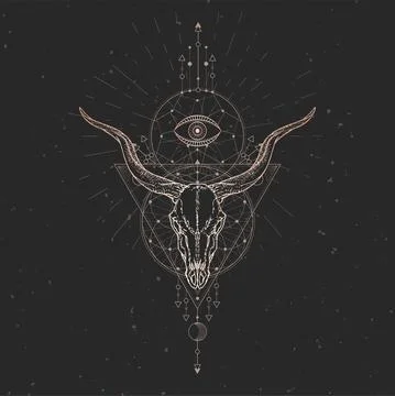 Vector illustration with hand drawn Antelope skull and Sacred geometric symbo Stock Illustration