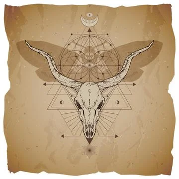 Vector illustration with hand drawn antelope skull, dead head moth and Sacred Stock Illustration