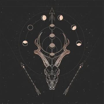 Vector illustration with hand drawn Antelope skull and Sacred geometric symbo Stock Illustration