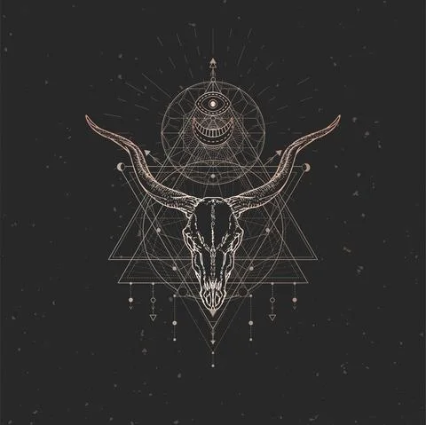 Vector illustration with hand drawn Antelope skull and Sacred geometric symbo Stock Illustration