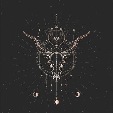 Vector illustration with hand drawn Antelope skull and Sacred geometric symbo Stock Illustration