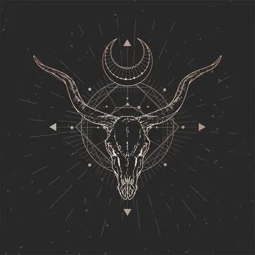 Vector illustration with hand drawn Antelope skull and Sacred geometric symbo Stock Illustration