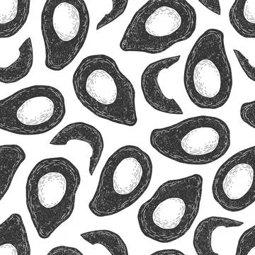 Vector illustration with hand drawn black and white avocados seamless patte.. Stock Illustration