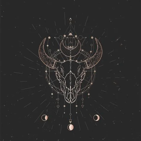 Vector illustration with hand drawn Bull skull and Sacred geometric symbol on Stock Illustration