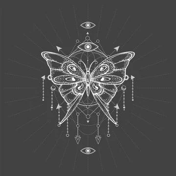 Vector illustration with hand drawn butterfly and Sacred geometric symbol on bla Stock Illustration