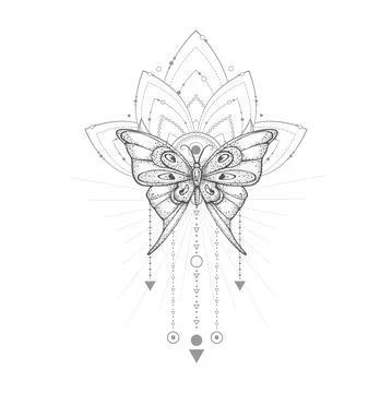 Vector illustration with hand drawn butterfly and Sacred geometric symbol  Stock Illustration