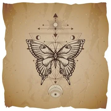 Vector illustration with hand drawn butterfly and Sacred geometric symbol on  Stock Illustration