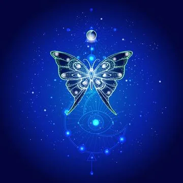 Vector illustration with hand drawn butterfly and Sacred geometric symbol aga Stock Illustration