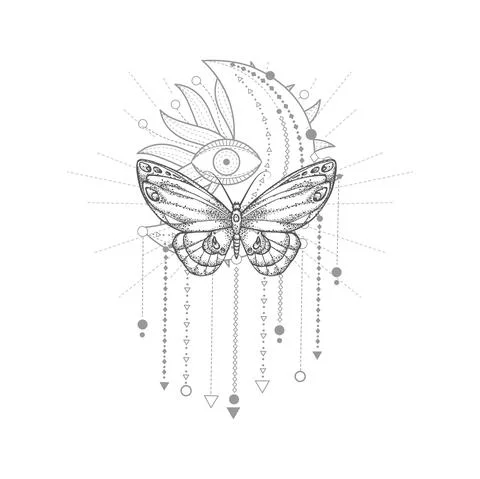 Vector illustration with hand drawn butterfly and Sacred geometric symbol on whi Stock Illustration