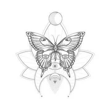 Vector illustration with hand drawn butterfly and Sacred geometric symbol. Stock Illustration