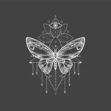 Vector illustration with hand drawn butterfly and Sacred geometric symbol on bla Stock Illustration