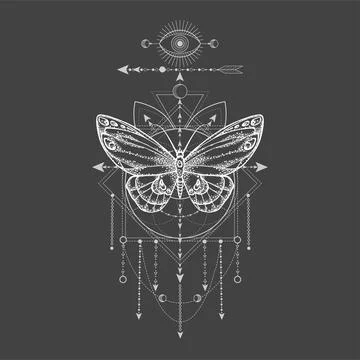 Vector illustration with hand drawn butterfly and Sacred geometric symbol on bla Stock Illustration