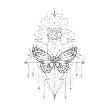 Vector illustration with hand drawn butterfly and Sacred geometric symbol on whi Stock Illustration
