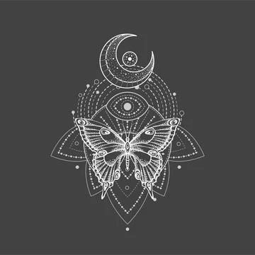 Vector illustration with hand drawn butterfly and Sacred geometric symbol on bla Stock Illustration