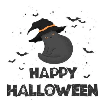 Vector illustration with hand drawn cat in witch hat and lettering Happy Hall Stock Illustration
