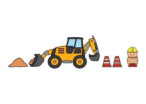 Vector illustration Hand drawn color children construction backhoe and cons.. Stock Illustration