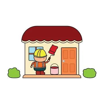 Vector illustration Hand drawn color children construction worker painting .. Stock Illustration