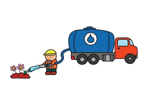 Vector illustration of Hand drawn color children construction worker wateri.. 스톡 일러스트