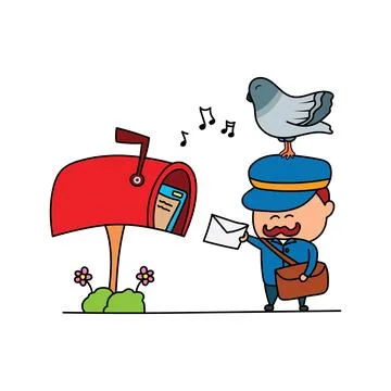 Vector illustration of Hand drawn color children cute mailman with pigeon Stock Illustration